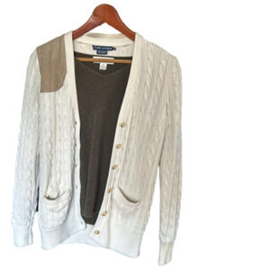 Vintage 1980 Ralph Lauren Cream Cable Knit Button Down Cardigan Tan Suede Patch